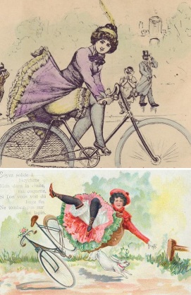 Com o típico bom-humor vitoriano, charges eram produzidas sobre mulheres com bicicletas.
