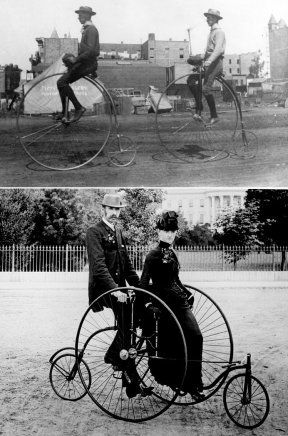 Década de 1880: Bicicletas com uma roda larga e outra pequena, podendo ter até dois lugares.
